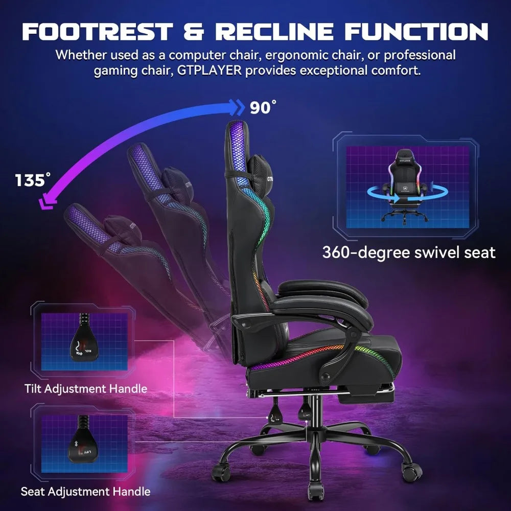RGB Gaming Chair with Footrest and LED Lights, Reclining Computer Chair for Adults