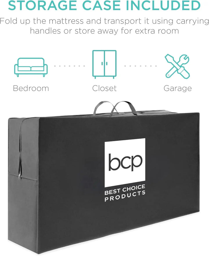 4in Portable Queen-Size Mattress Tri-Fold Mattress for Camping Guest Toddler Foam Plush w/Carry Case Onyx Black