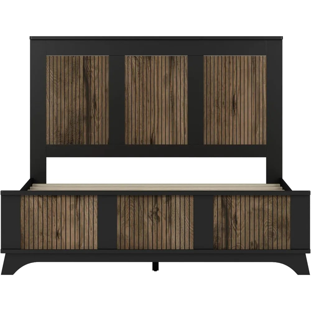 4 Piece Queen Bedroom Set, Queen Size Platform Bed with Wooden Strip Stickers Decoration, 2 Nightstands and Dresser, 4 Piece Fa