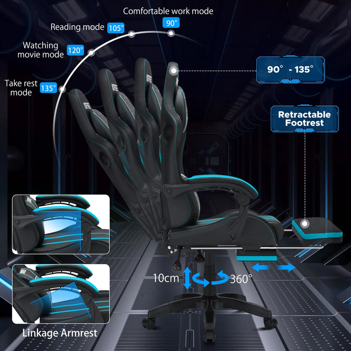 Ergonomic Gaming Chair with Massage Function PU Leather T-shaped Armrest Height Adjustable Recliner Folding Computer Chair