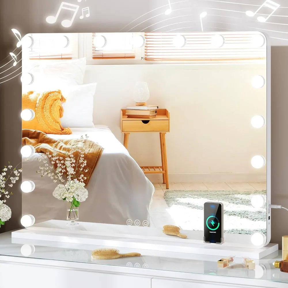 Vanity Mirror with Lights, 32" x 24" LED Large Vanity Makeup Mirror with Bluetooth Speaker, Wireless Charger, USB
