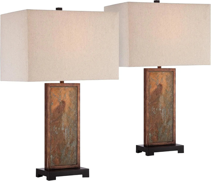 Nightstand, Modern Rustic Style Table Lamps 30" Tall Set of 2 Natural Slate Stone Dark Bronze Rectangular Box Shade Decor