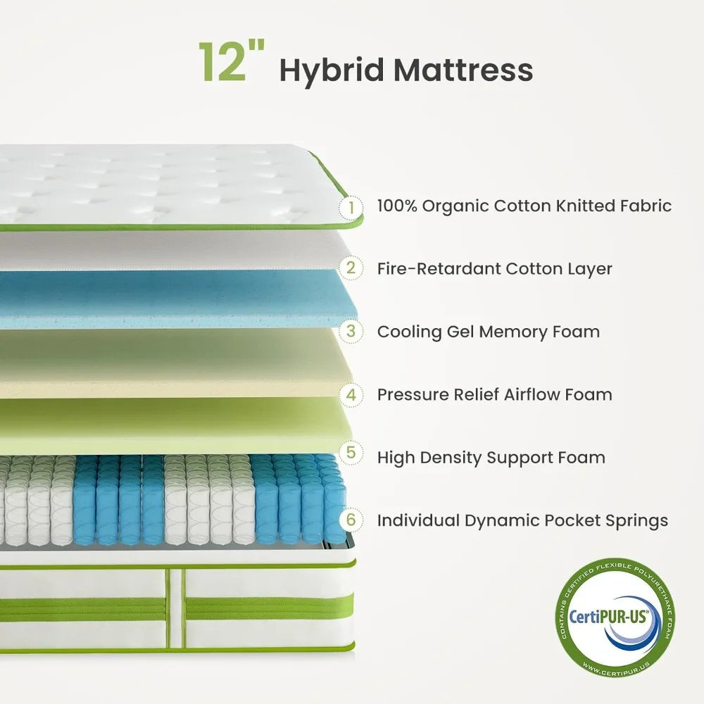 12 Inch Mattress King, Organic Cotton Fabric Cover, Gel Memory Foam and Individual Innersprings, Cooler Sleep with Pressure Reli