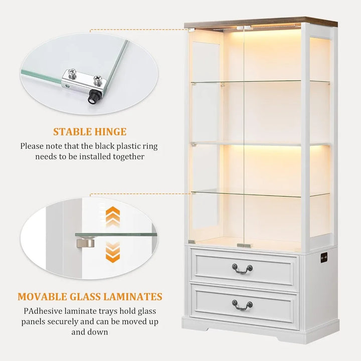 Display Cabinet with Glass Doors,67" Adjustable Display Shelf with 2 Drawers and 4 Tier Curio Cabinet,Tall Bookcase with 3 Color