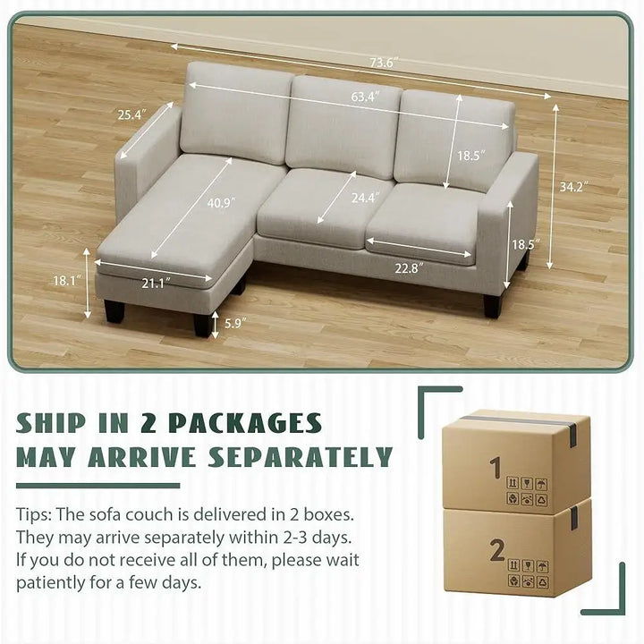 L-Shaped Sectional Sofa Convertible Small Space Couch Reversible Chaise Linen Fabric Comfortable Living Room Easy Assembly