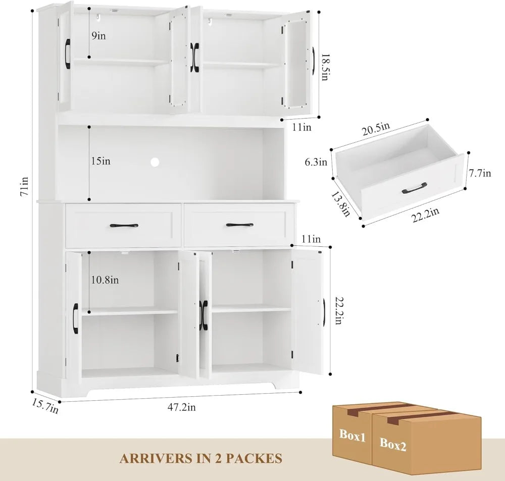 71" Kitchen Pantry Storage Cabinet, Kitchen Hutch with Microwave Stand, Large Pantry Cabinet with Drawers, Glass Doors