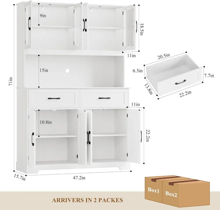 71" Kitchen Pantry Storage Cabinet, Kitchen Hutch with Microwave Stand, Large Pantry Cabinet with Drawers, Glass Doors