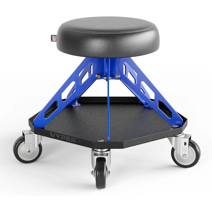 Robust Steel Pro Shop Chair for Mechanics, Automotive, DIY - 400 lb Capacity Garage Stool, Large Wheels (Black Seat, Blue Frame)