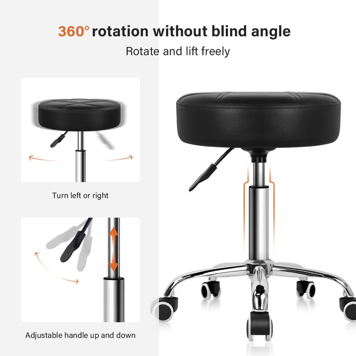 KKTONER Round Rolling Stool PU Leather Height Adjustable Swivel Drafting Work SPA Medical Salon Stools Chair with Wheels Black