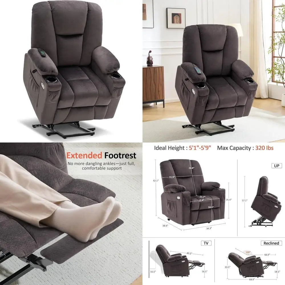 elderly-friendly power lift recliner sofa with extended footrest, 3 recline positions, handheld remote, 2 cup holders, and usb c