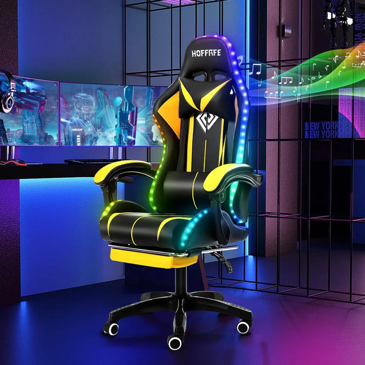 RGB Gaming Chair with Speakers Massage Computer Gaming Chair with LED Lights and Footrest High Back Video Game Chair