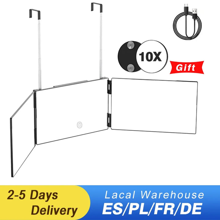 YINGHE 5 Way Mirror for Hair Cutting,Real Glass Adjustable Trifold Mirror with Light,Telescoping Hooks for Makeup and Styling