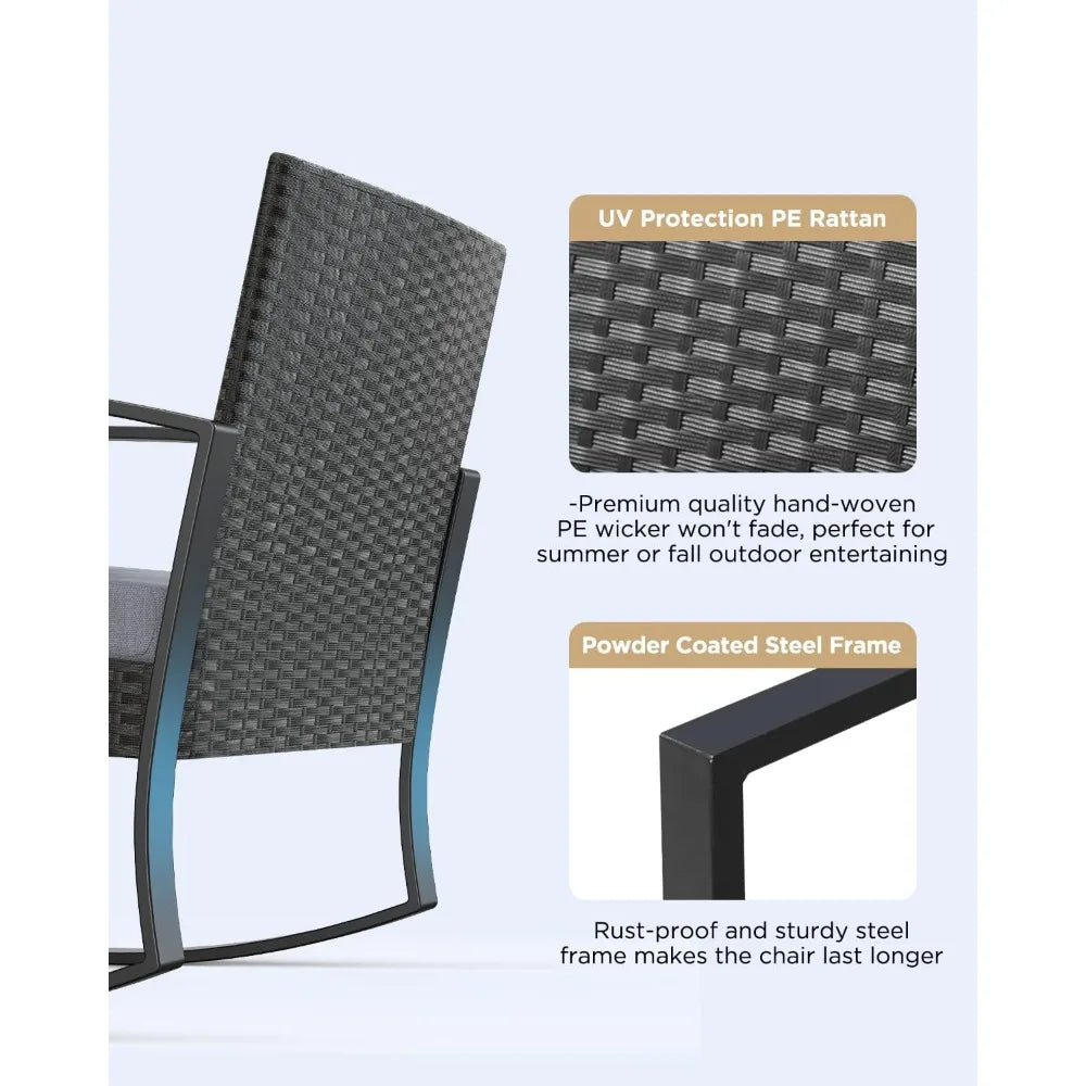 3 Pieces Patio Furniture Set Rocking Bistro Set Outdoor Rattan Conversation with Coffee Table for Garden Balcony Backyard Poolsi