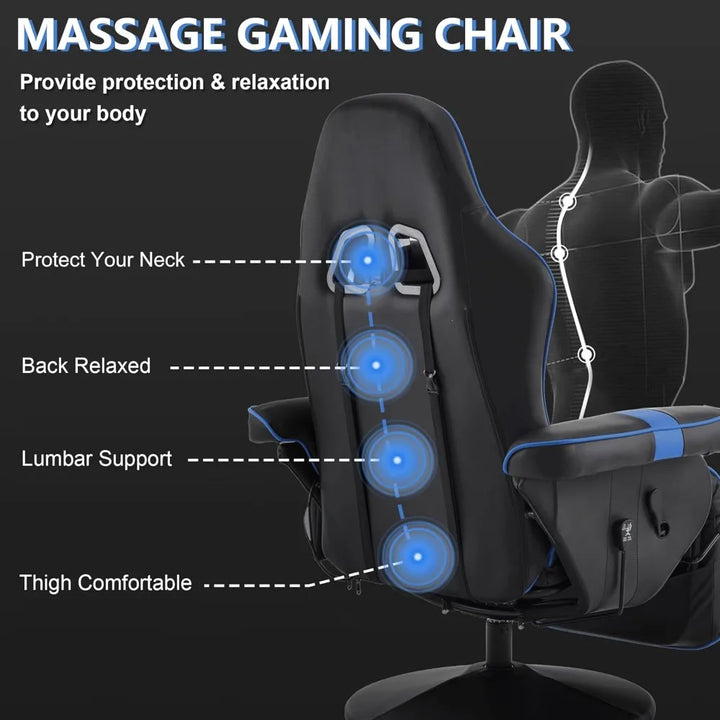 Gaming Chair with Massage for Adults, Comfy Reclining Gaming Chair with Footrest, Adjustable Backrest and Cup Holder, Black Blue