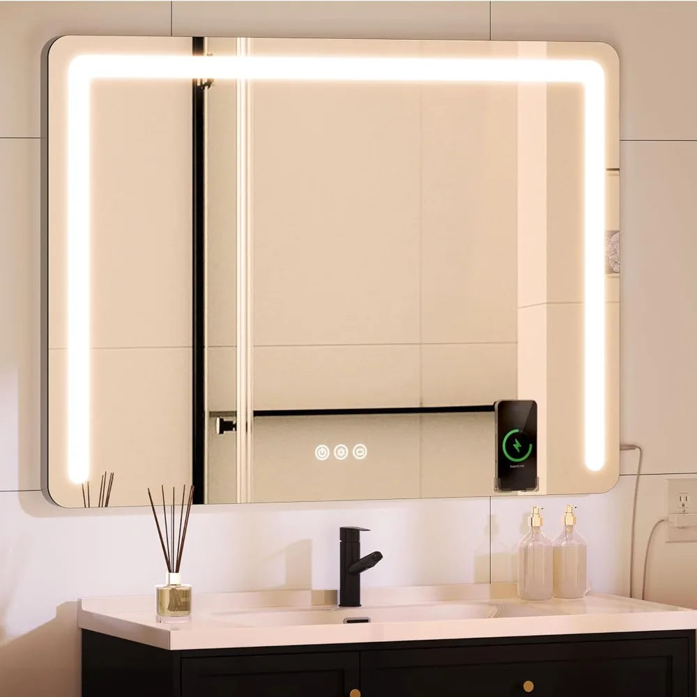 Vanity Mirror with Lights, 32" x 24" LED Large Vanity Makeup Mirror with Bluetooth Speaker, Wireless Charger, USB