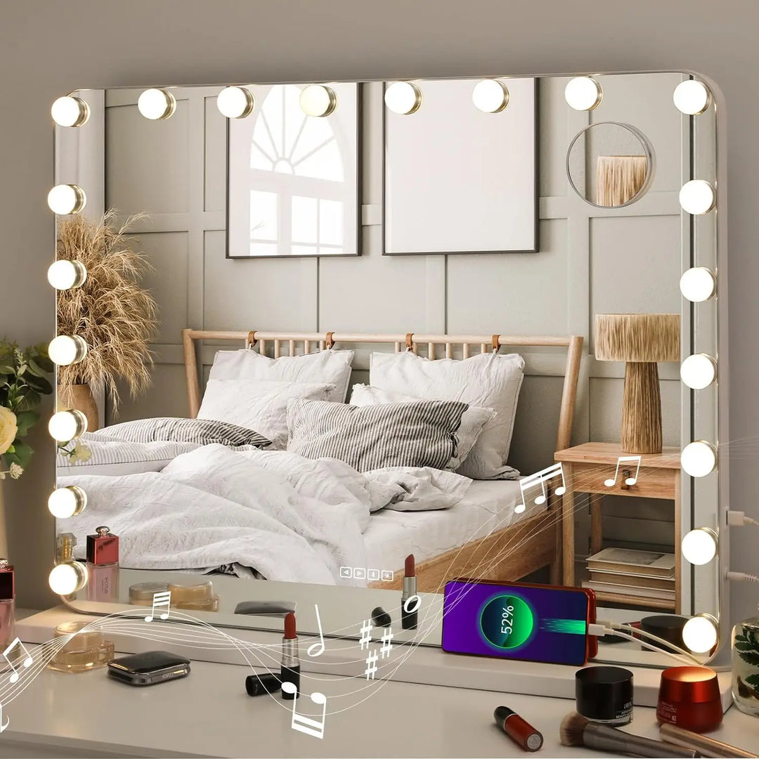 Hollywood Make-Up Mirror with Lighting 20 LED,Bluetooth Player, 80x60cm Large Cosmetic Mirror with 3 Dimmer Light ,USB,Touch