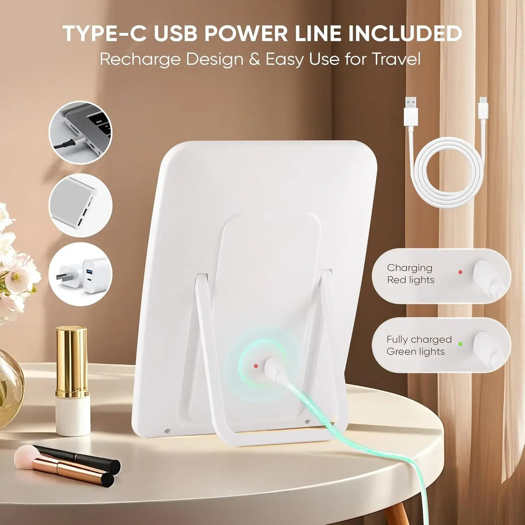 LED Compact Rechargeable Makeup Mirror with 3-Color Lighting, Dimmable Touch Screen, Lighted Travel and Tabletop Cosmetic Mirror