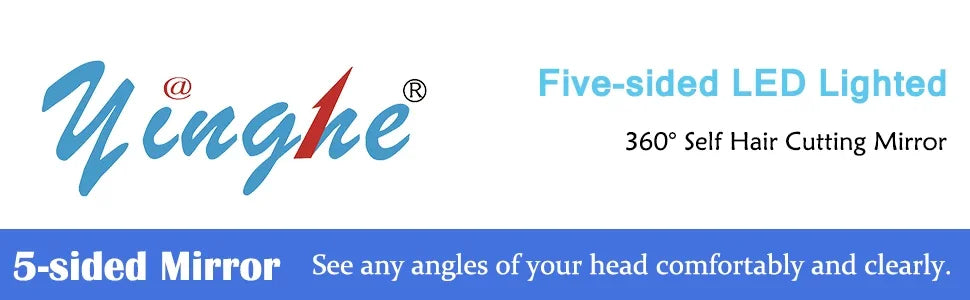 YINGHE 5 Way Mirror for Hair Cutting,Real Glass Adjustable Trifold Mirror with Light,Telescoping Hooks for Makeup and Styling