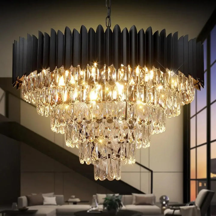 Modern Luxury Black Crystal Chandelier 30" 16-Light Round Fixture High Ceiling Pendant Foyer Living Room Dining Kitchen Hotel