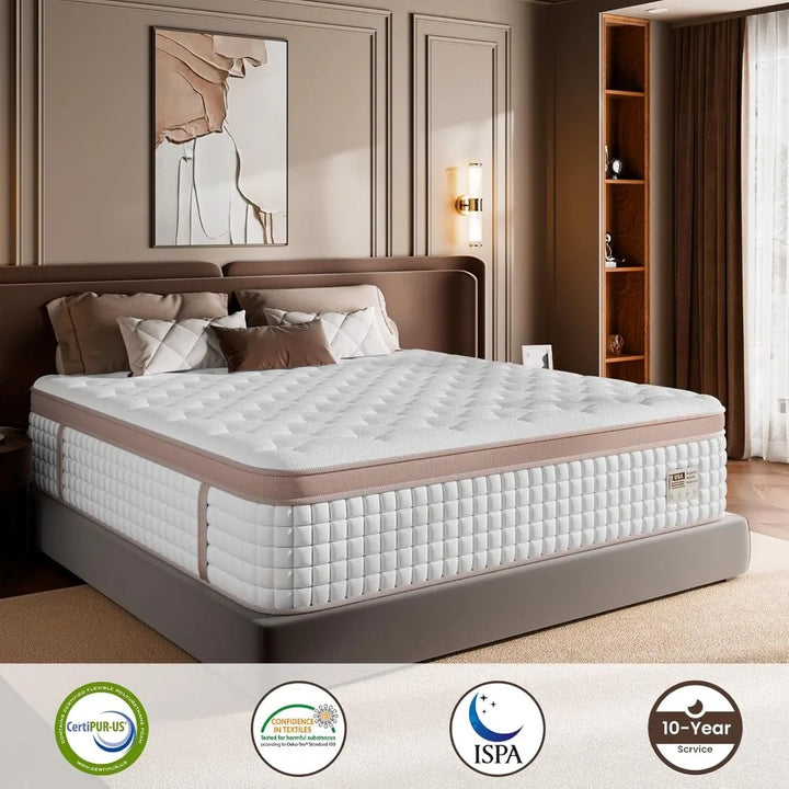 King Mattress 14 Inch - Medium Firm Hybrid Mattress In a Box for Back & Lumbar Support, 366 Night Trial, Individual Pocket Sprin