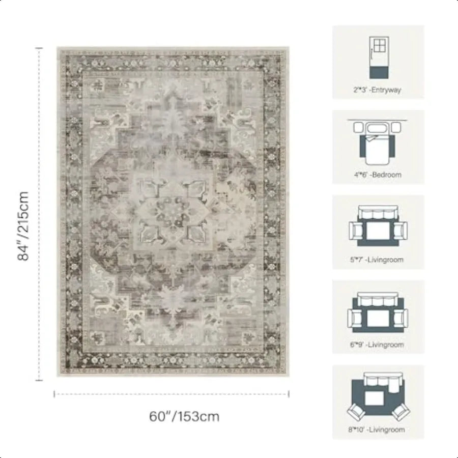 5X7 Washable Area Rug for Living Room  Large Boho Rugs for Office Dining Room Room Farmhouse Durable Low Pile Non Slip Carpet f