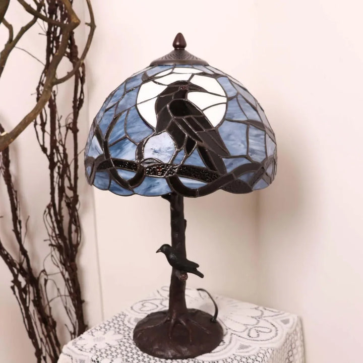 Table Lamps/ L10956 Raven Sitting on Bare Tree Branch in Full Moon Night Tiffany Style Stained Glass Table Lamp for Home Decor