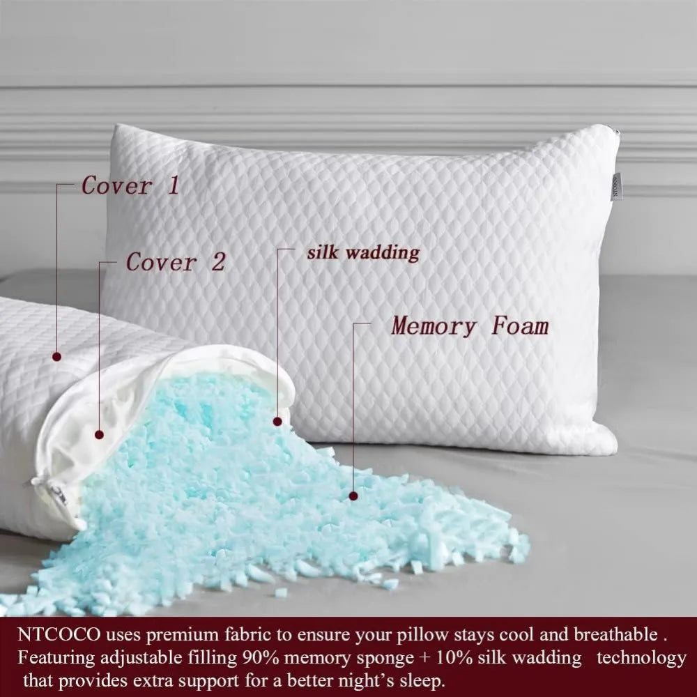 2 Pillows, Shredded Memory Foam Bed Pillows for Sleeping, with Washable Removable Cooling Hypoallergenic Sleep Pillow for Back