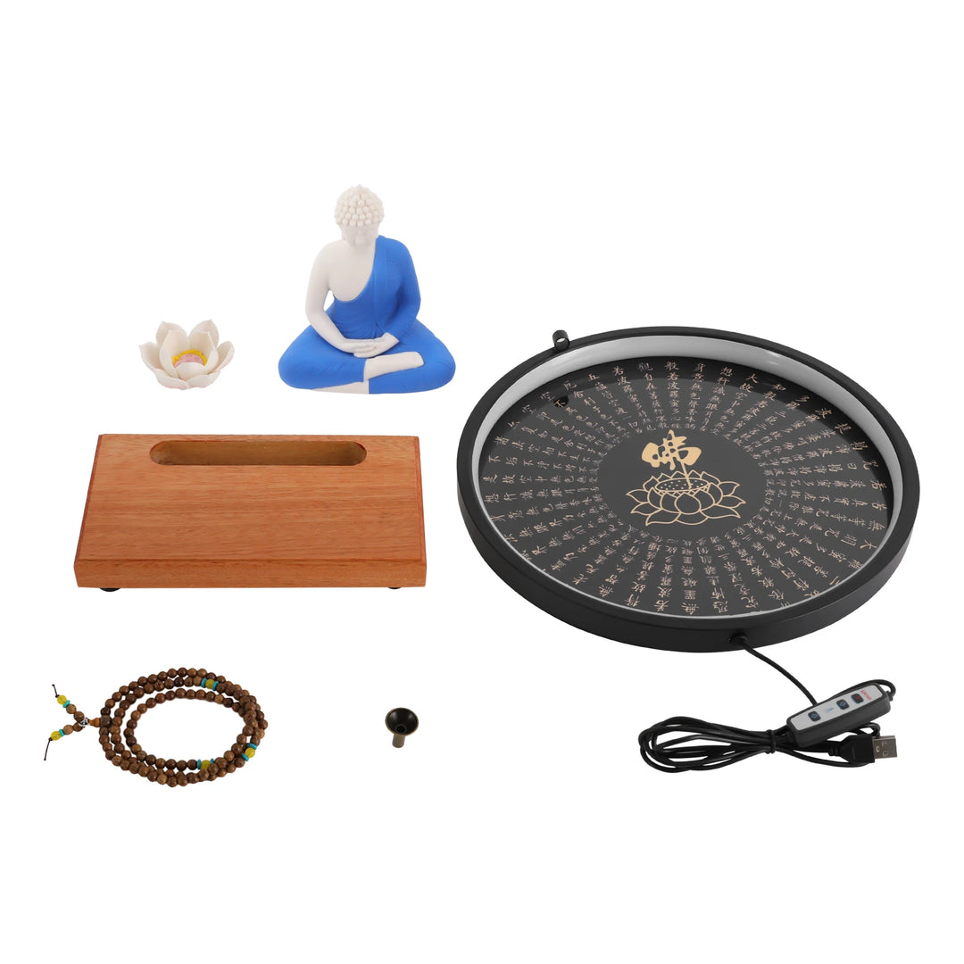 Ceramic Meditating Figurine with Circle LED Lamp – Decorative Sculpture for Home or Office, White/Red/Yellow/Blue, 11.8 x 4.7 x 13 in