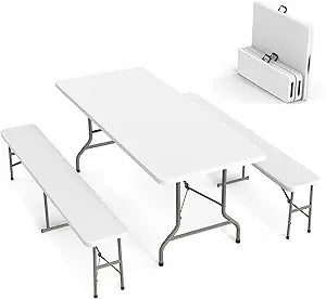 Picnic Table Set with 2 Benches, 6 Feet Camping Table Chair Set, 3-Piece Folding Furniture for Indoor or Outdoor Use, Tree Patt