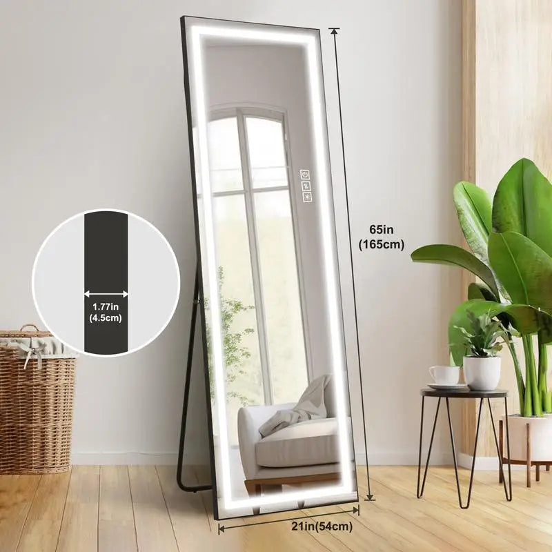 LED Full-Length Floor Mirror with Lights - Tall Standing Dressing Mirror for Bedroom - Large Full Body Lighted Mirror with