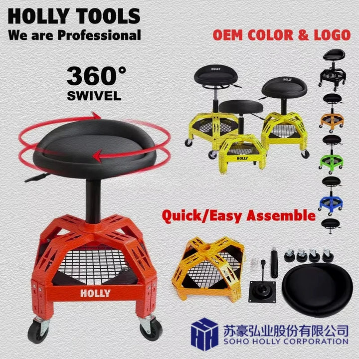 Adjustable height 360 ° rotating workshop seat with tool tray storage mechanical bench chair rolling workshop stool for garage