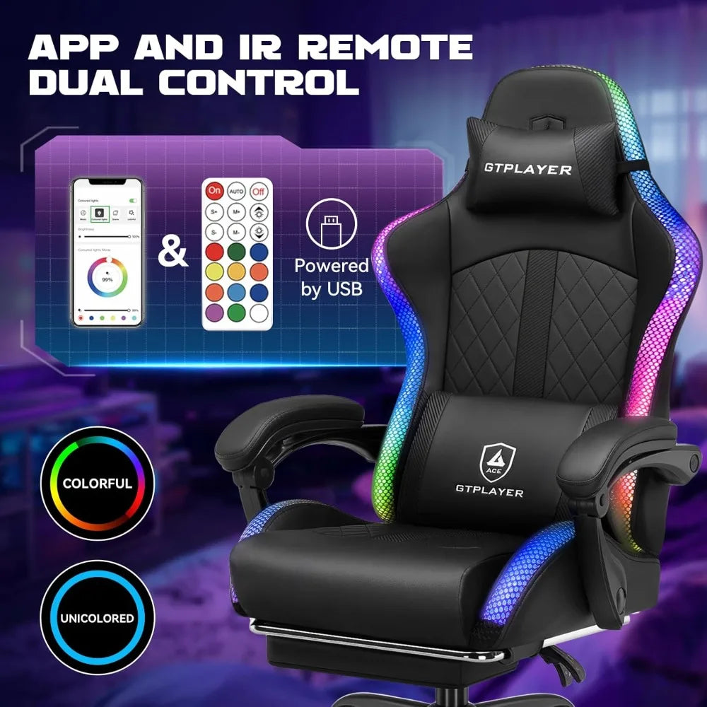 RGB Gaming Chair with Footrest and LED Lights, Reclining Computer Chair for Adults
