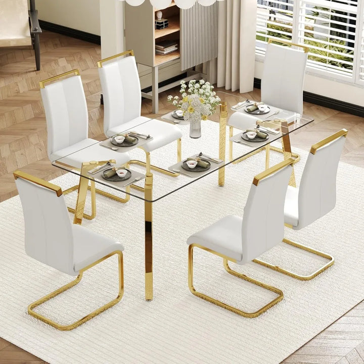 Modern Dining Table Set for 6,Glass Kitchen Table and Chairs,71''Gold Dining Room Table &Generous Legroom with 6 White Leather