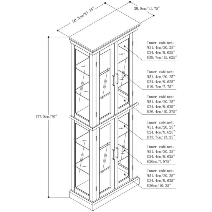 Lighted Glass Display Cabinet, 70" Curio Cabinet with Adjustable Glass Shelves Vintage,China Cabinet with 6 Shelves for Living R