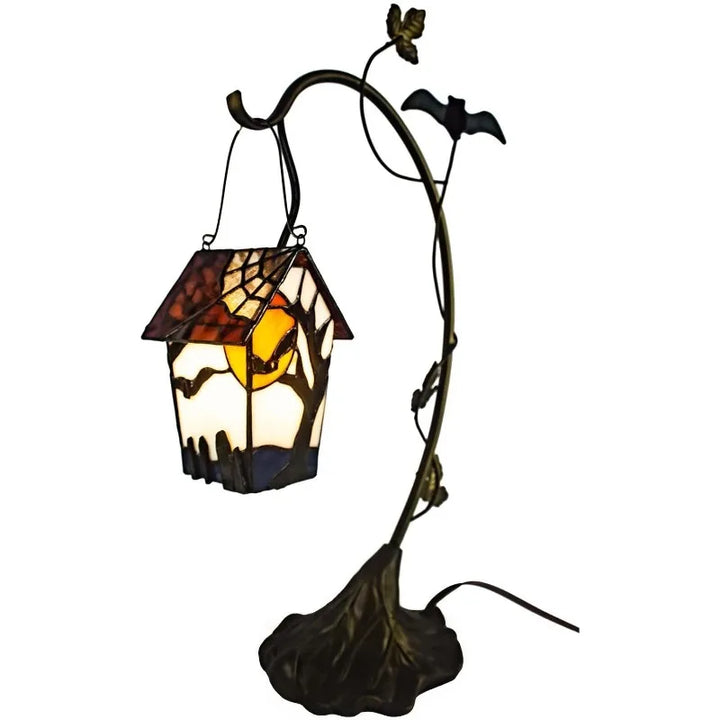 L10938 Spooky Graveyard Tiffany Style Stained Glass Birdhouse Table Lamp for Halloween Decor (21-inch High, Bat Nest)