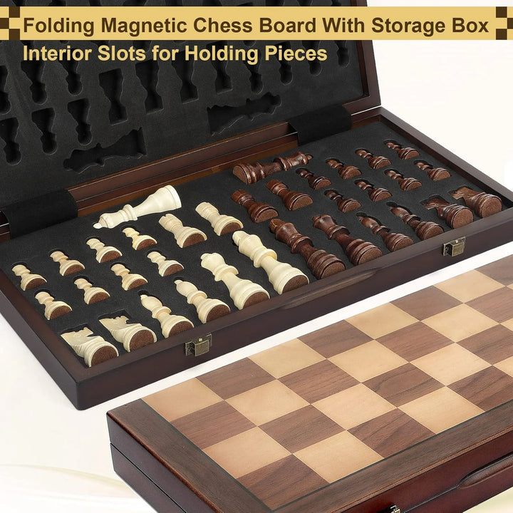 Magnetic Wooden Chess Set for Adults Kids  Chess Board with Handmade Pieces, Folding Portable Travel Unique Chess Sets Game for