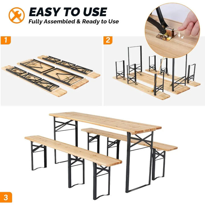 70 Inch Folding Picnic Tables with Benches Set, Weather-Resistant Wooden Beer Garden Table Bench, 3-Piece Portable
