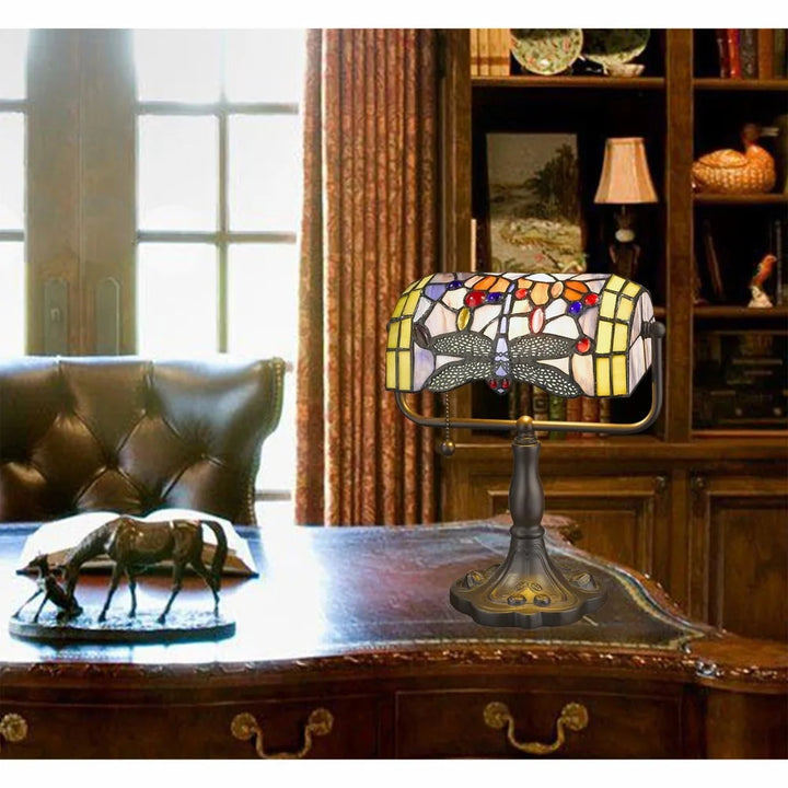 Bronze Banker Desk Lamp Stained Glass Dragonfly Shade Metal Base Adjustable Light Home Office Table Decoration