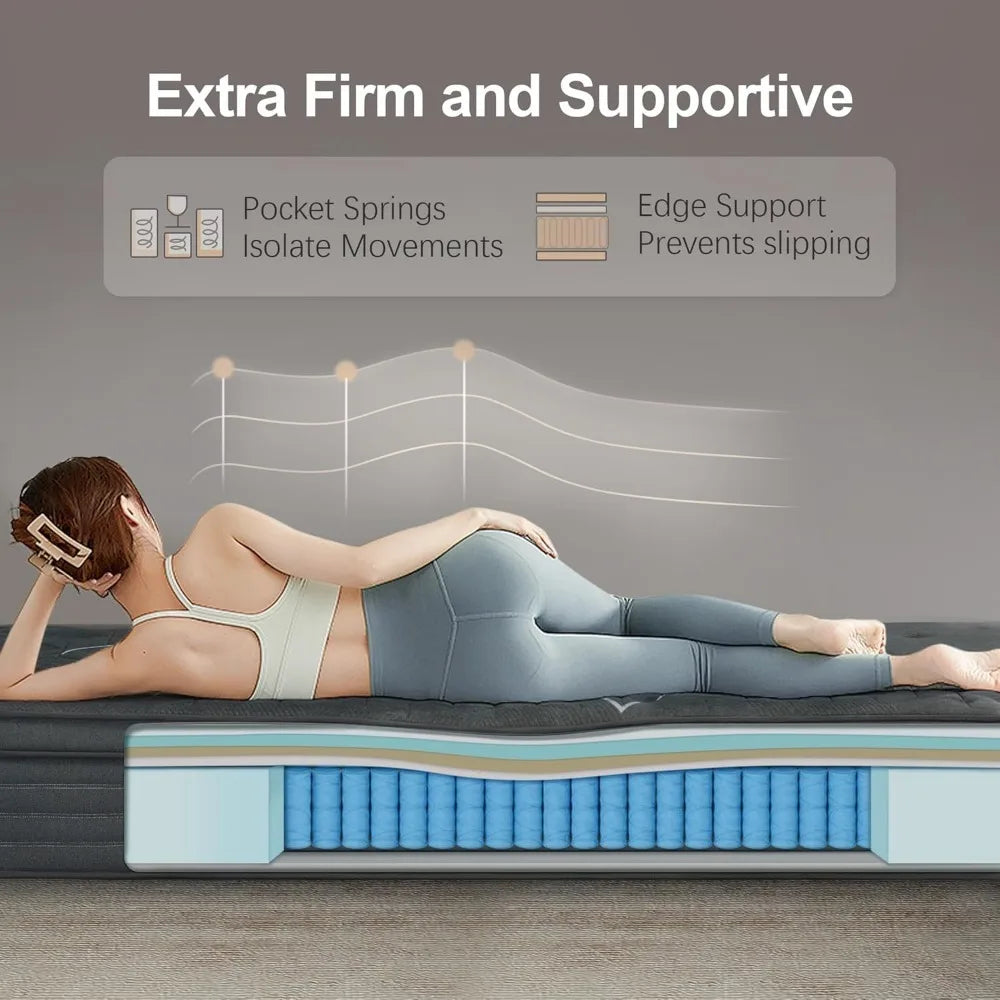 14 Inch Extra Firm King Size Mattress - Orthopedic Memory Foam Hybrid with Pocket Springs & Cooling Gel Technology