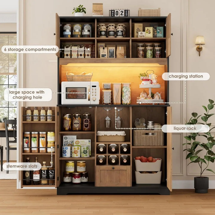 71" pantry cabinet with led light and charging station, kitchen pantry cabinet with microwave stand, kitchen hutch food storage