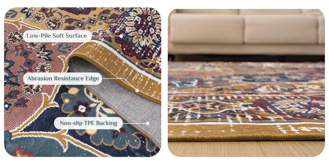 Washable Vintage Medallion Small Rug with Non-Slip BackingSoft and Stain ResistantNon-SheddingLow Plush Floor Rug Pad