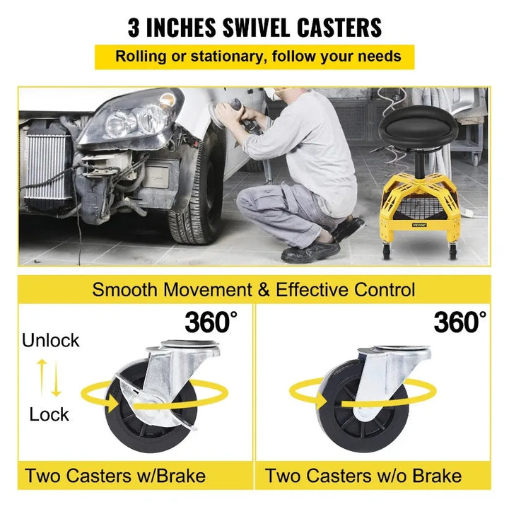 Rolling Garage Stool 300LBS Capacity Adjustable Height from 24 in to 28.7 in Mechanic Seat with 360degree Swivel Wheels and To