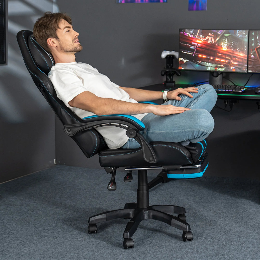 Ergonomic Gaming Chair with Massage Function PU Leather T-shaped Armrest Height Adjustable Recliner Folding Computer Chair