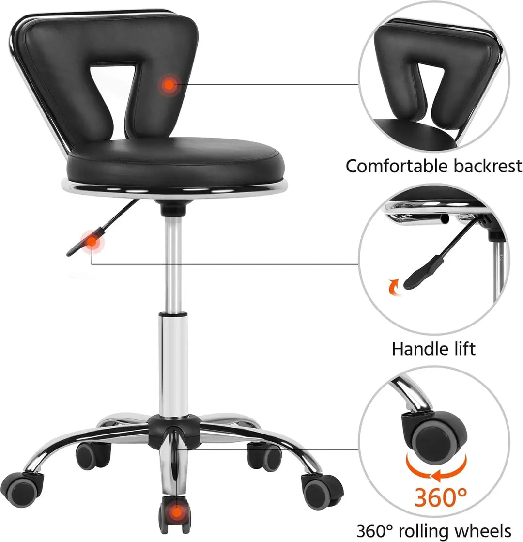Rolling Swivel Salon Stool Chair Nail Chair Height Adjustable Home Spa Massage Manicure Facial Stool with Backrest and Wheels