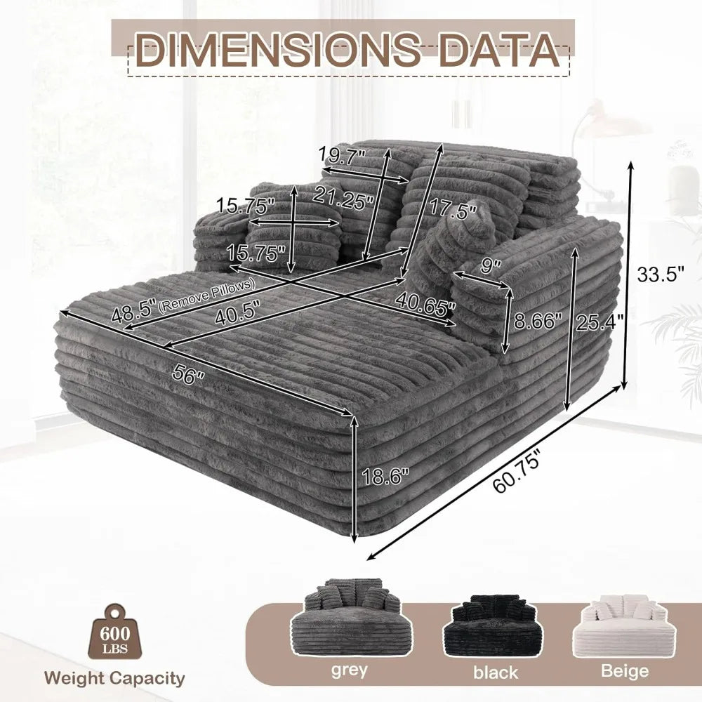56"W Oversized Chaise Lounge Chair Indoor,Plush Faux Fur Sleeper Sofa Couch Bed with Pillows&Wide Armrest,Fluffy Comfy Cloud Sof