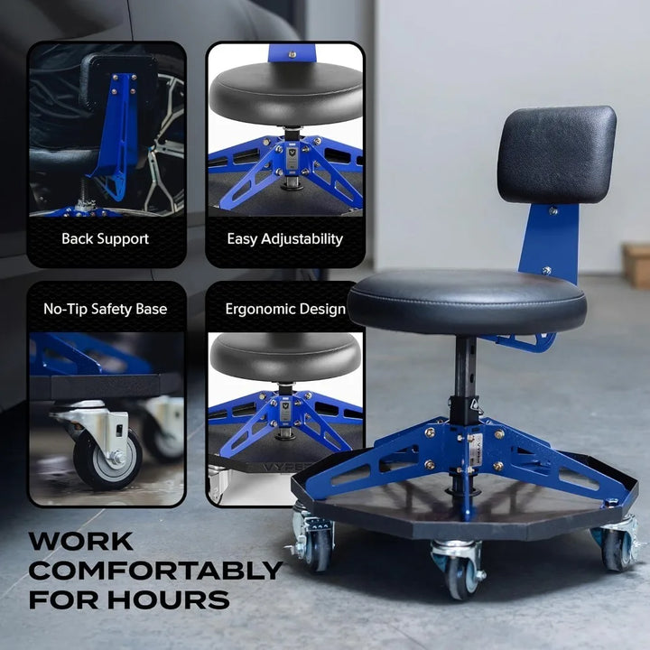 Robust Steel Sport Shop Chair for Mechanics, Automotive, DIY,300 lb Capacity Garage Stool with Backrest & Large Wheels