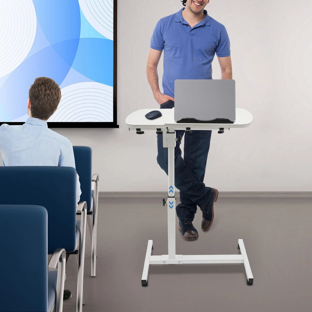 Height Adjustable White Computer Desk Stand with Wheels Adjustable Rolling Laptop Table Suitable for Bedroom, Living Room, Study