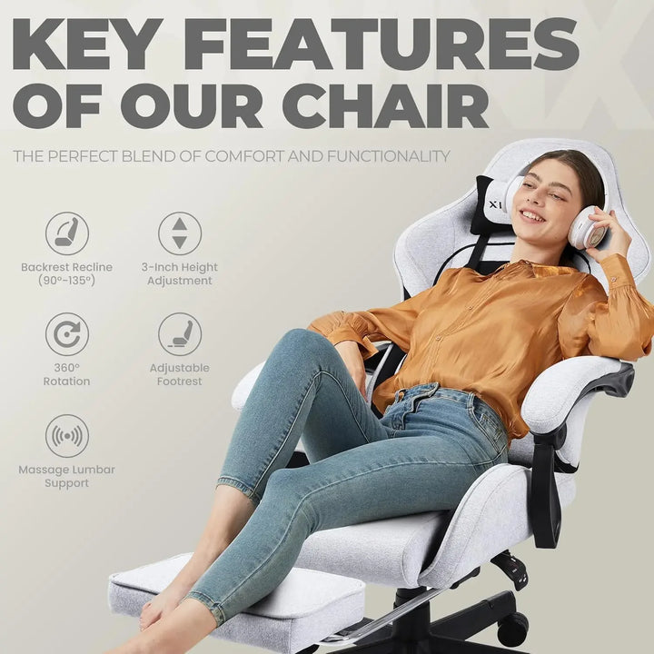 Gaming Chair Fabric with Pocket Spring Cushion, Massage Game Chair Cloth with Headrest, Ergonomic Computer Chair