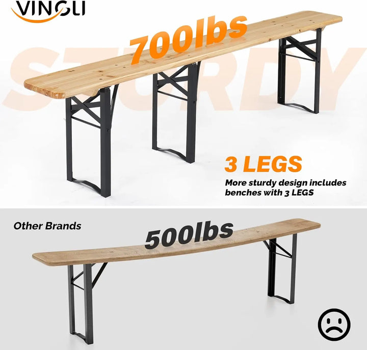 70 Inch Folding Picnic Tables with Benches Set, Weather-Resistant Wooden Beer Garden Table Bench, 3-Piece Portable Fold Up