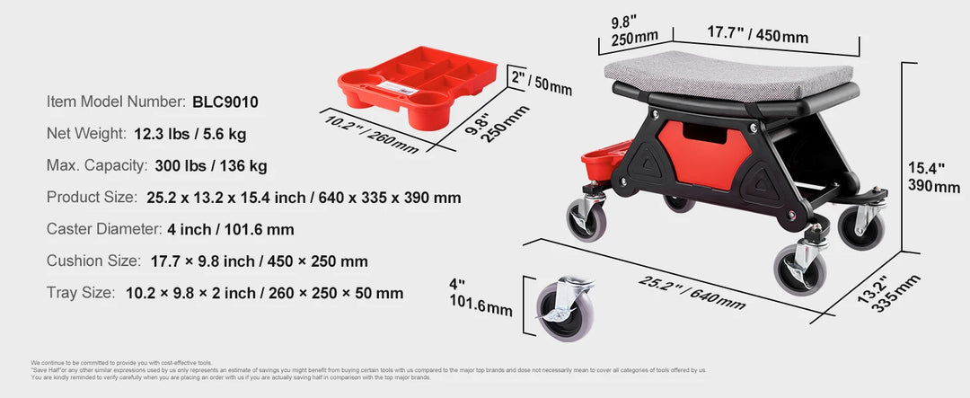 SucceBuy Rolling Mechanic Seat 300 LBS with Wheels Tool Trays Drawer Heavy Duty Roller Creeper Seat for Garage DIY Automotive